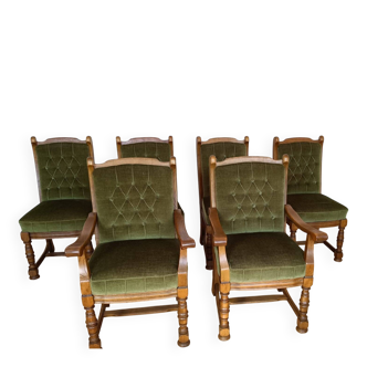 Set of 6 Louis XIII chairs in Oak and Moss Green Velvet - Vintage 1970