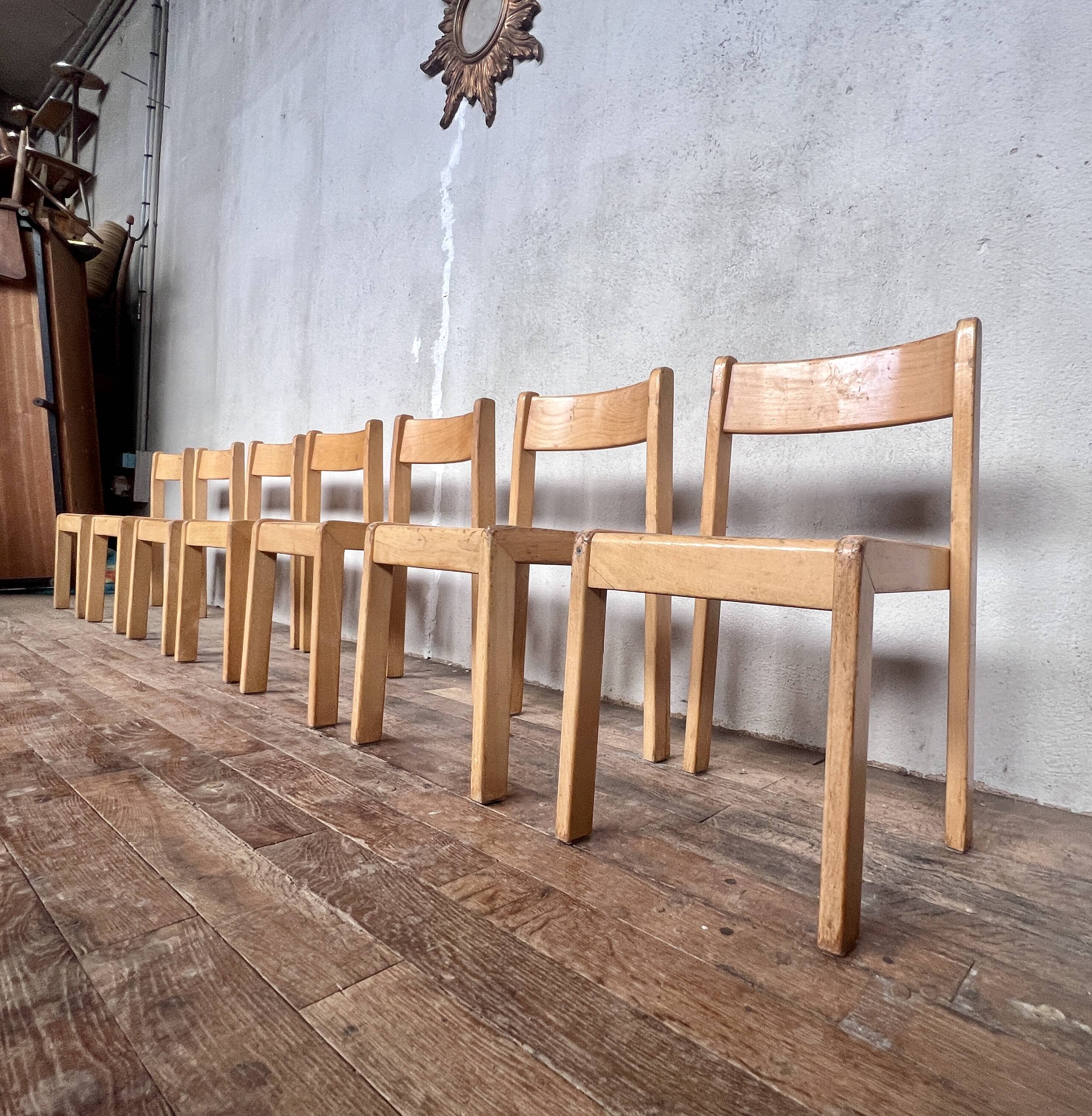 Series of 7 vintage Scandinavian bohemian wooden children's chairs