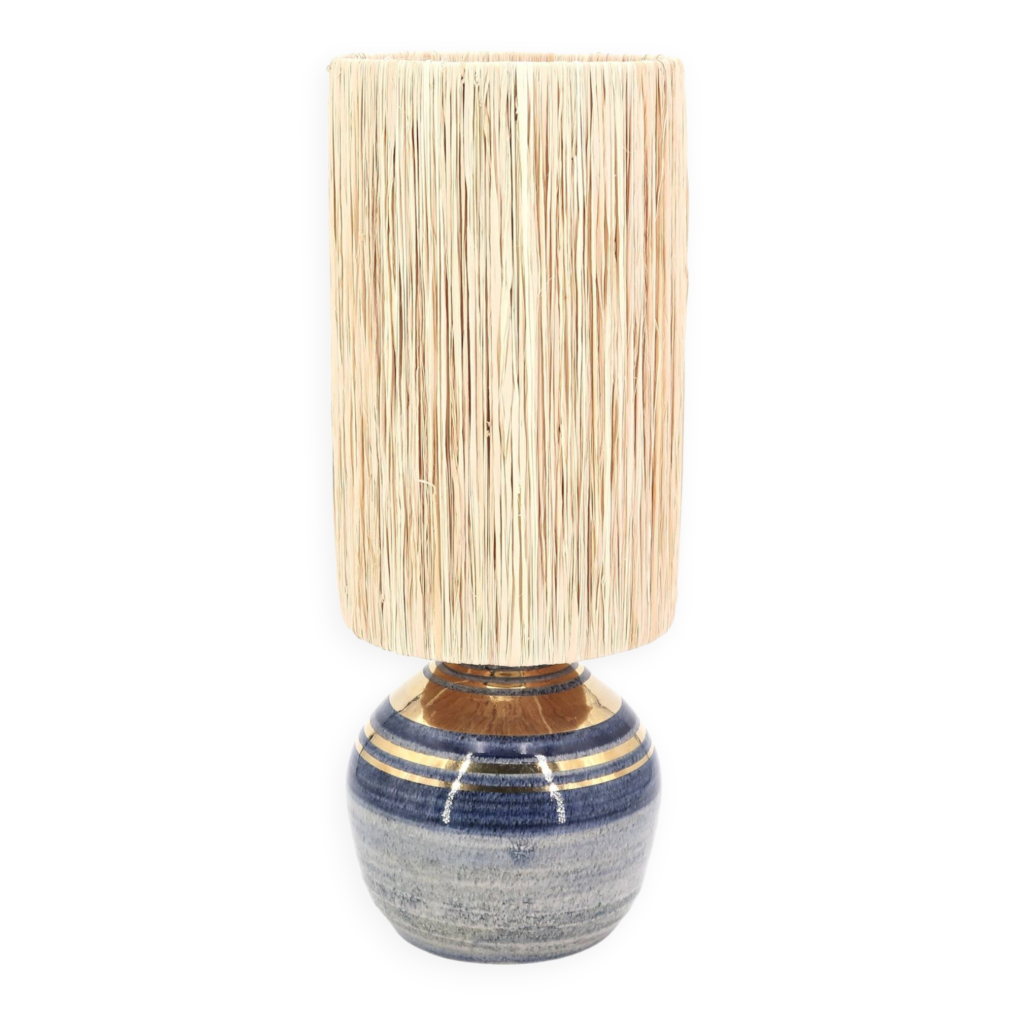 Blue and gold ceramic lamp by Georges Pelletier, raffia lampshade