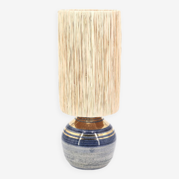 Blue and gold ceramic lamp by Georges Pelletier, raffia lampshade