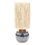 Blue and gold ceramic lamp by Georges Pelletier, raffia lampshade