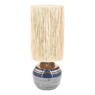 Blue and gold ceramic lamp by Georges Pelletier, raffia lampshade