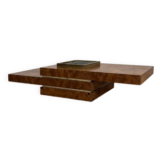 RocheBobois coffee bar table in elm burl and brass, 1970s