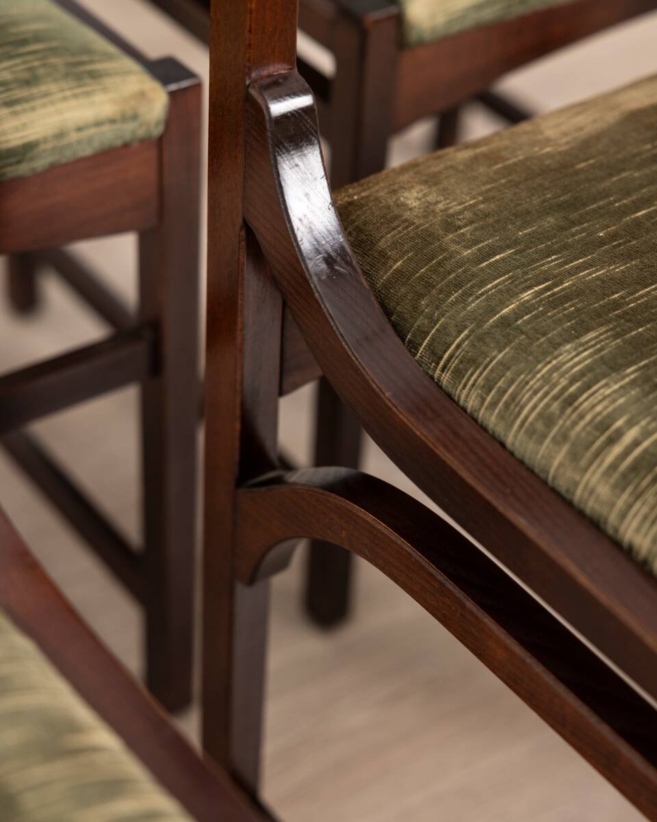 Lot de 4 chaises vintage années 60 en bois et velours vert design italien