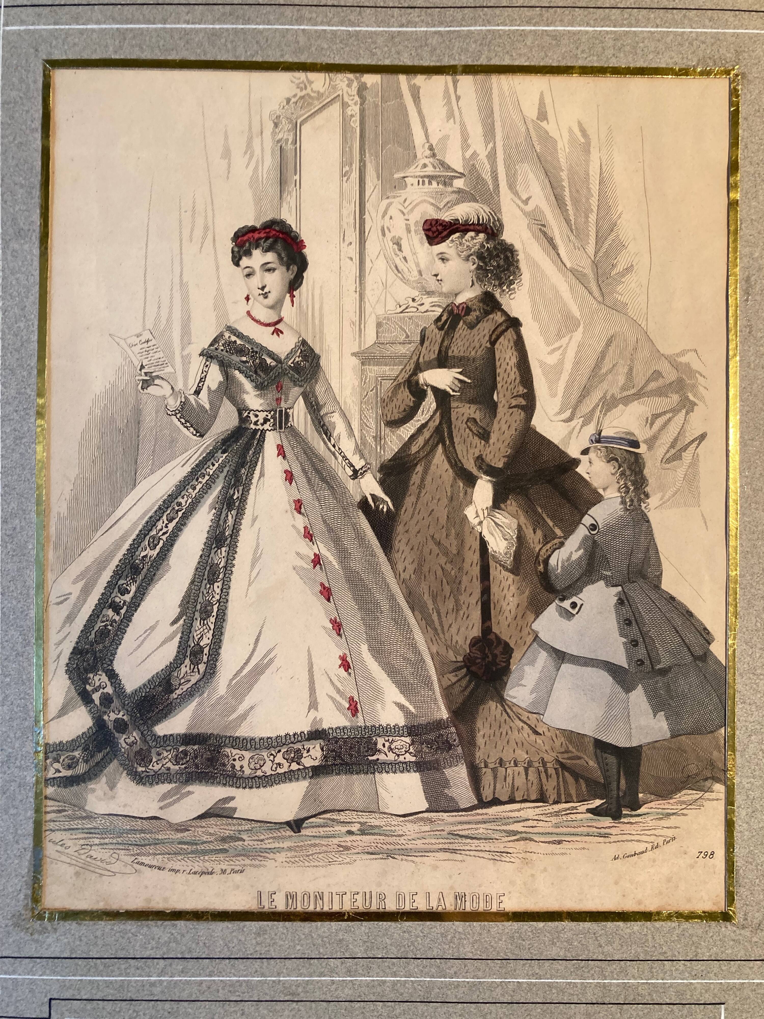 Old frame with illustrated page from the newspaper "Moniteur de la mode", Paris, late 19th century