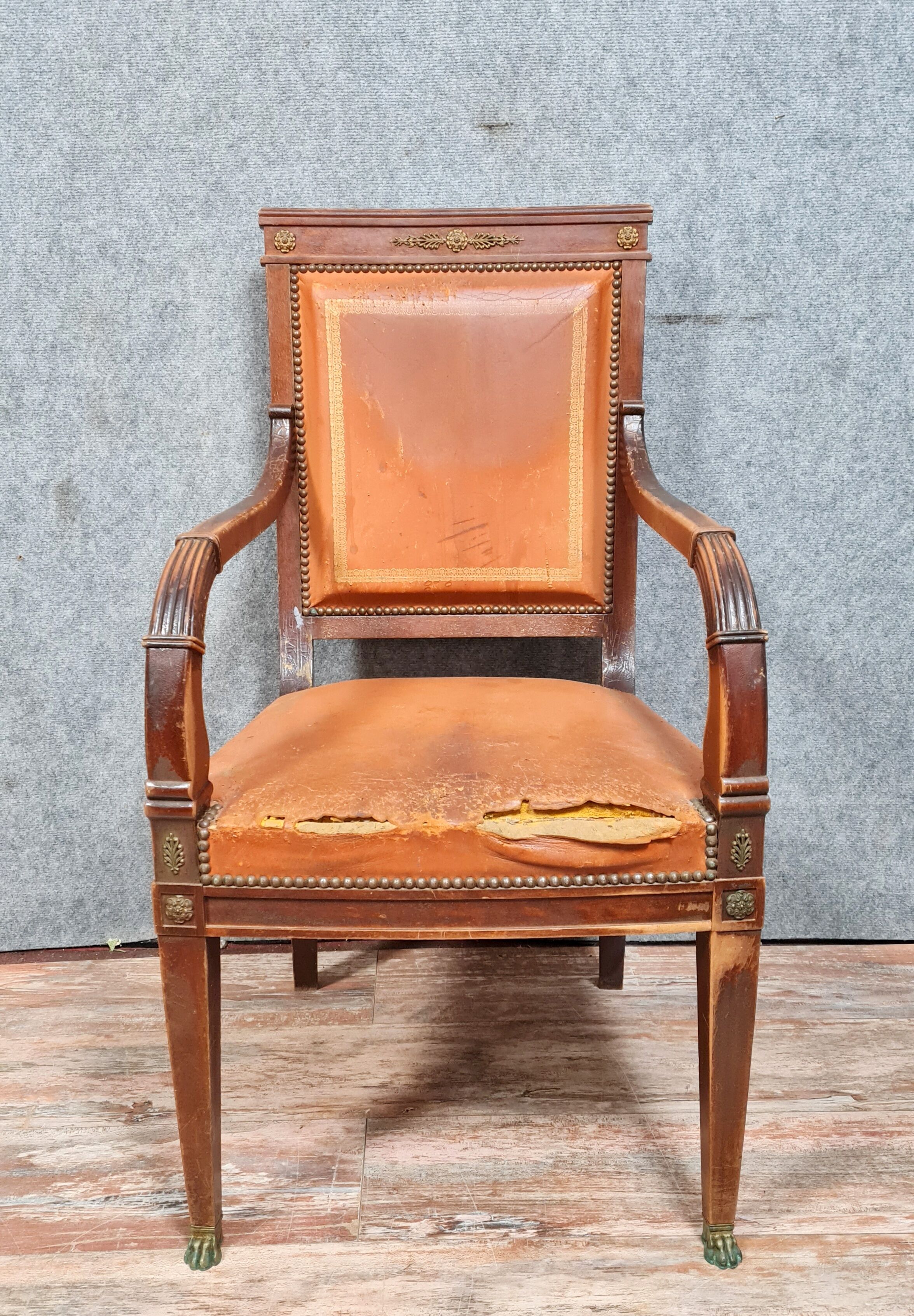 Empire office armchair in mahogany and gilded bronzes circa 1850-1880