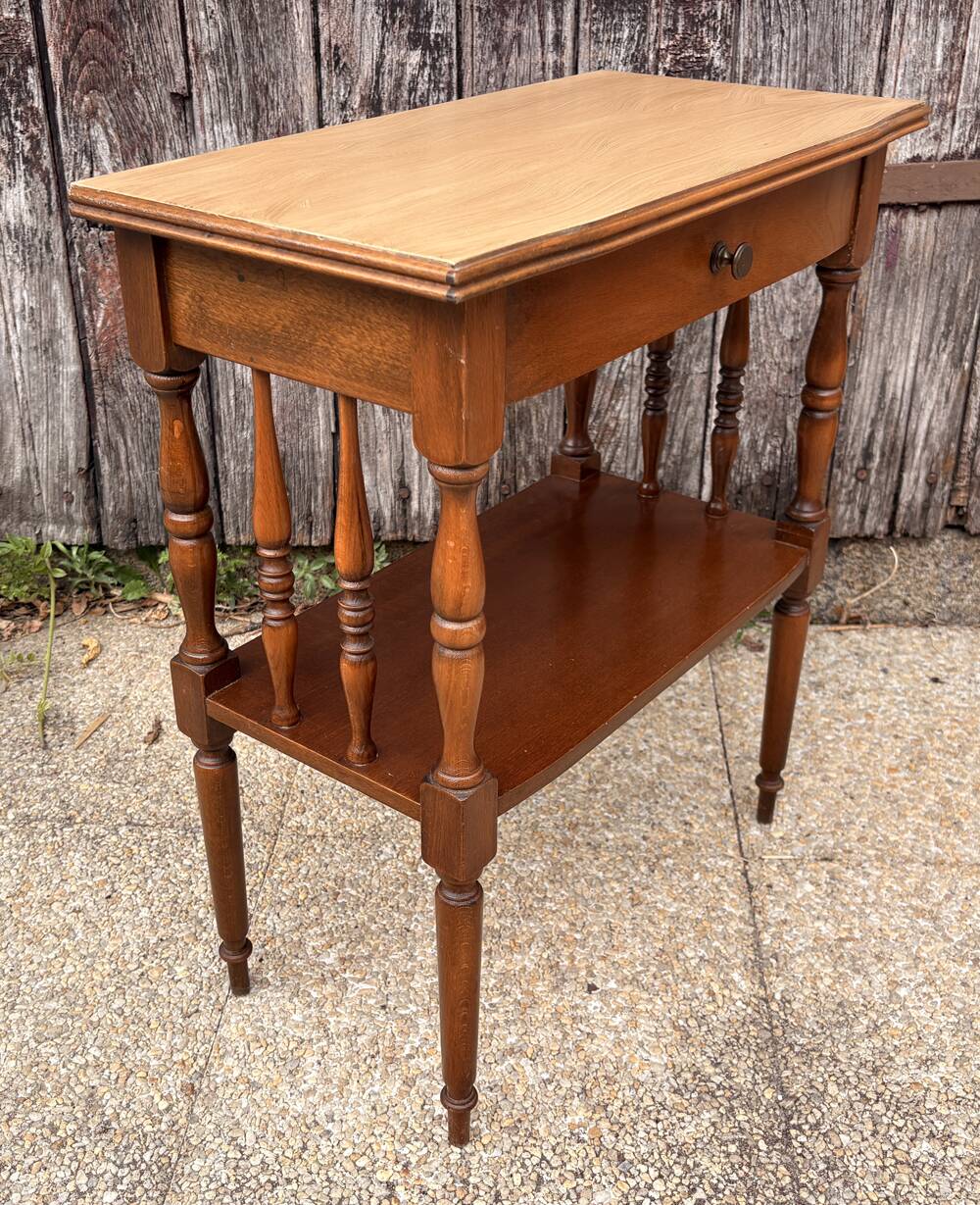 Pair of bedside tables or double-top wooden turned side tables Sty