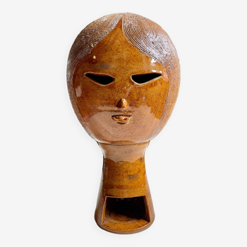 Large glazed terracotta tealight holder with a woman's face
