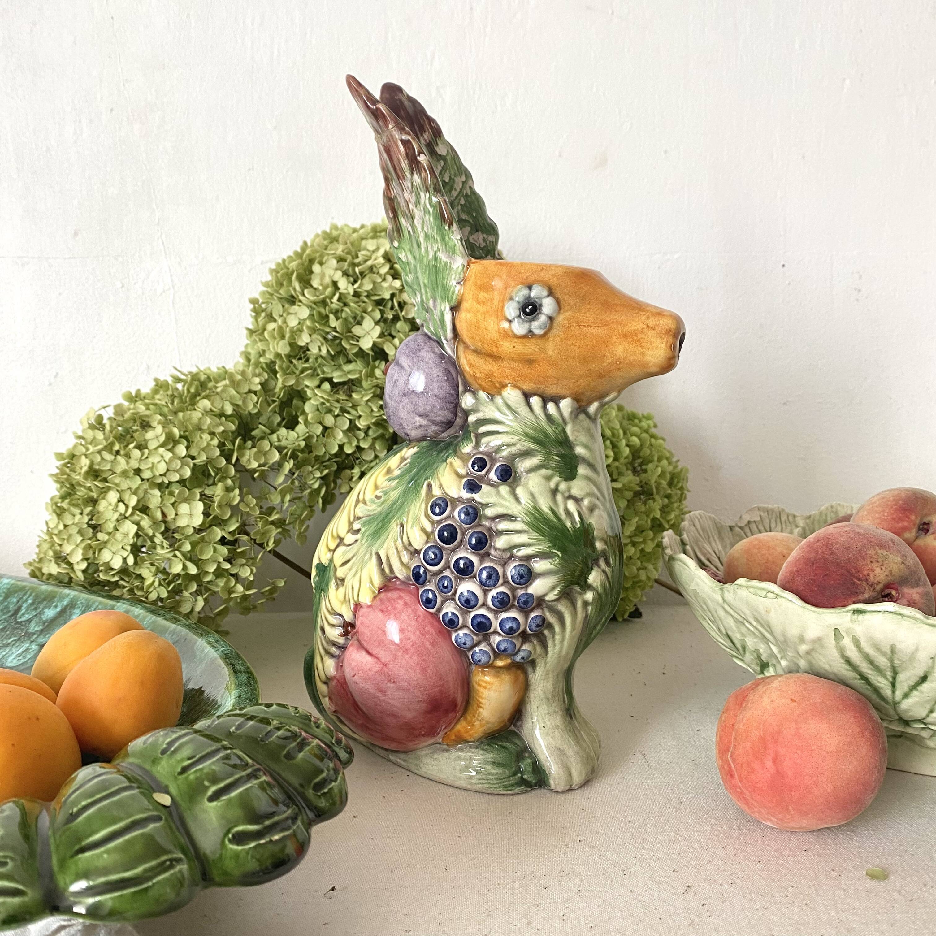 Italian barbotine pitcher Rabbit and fruits