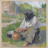 Peasant Lady Smoking a Pipe While Working - Framed Watercolour