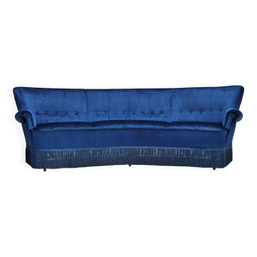 1960s, Danish 3-seater curved sofa, blue furniture velour, beech wood legs.