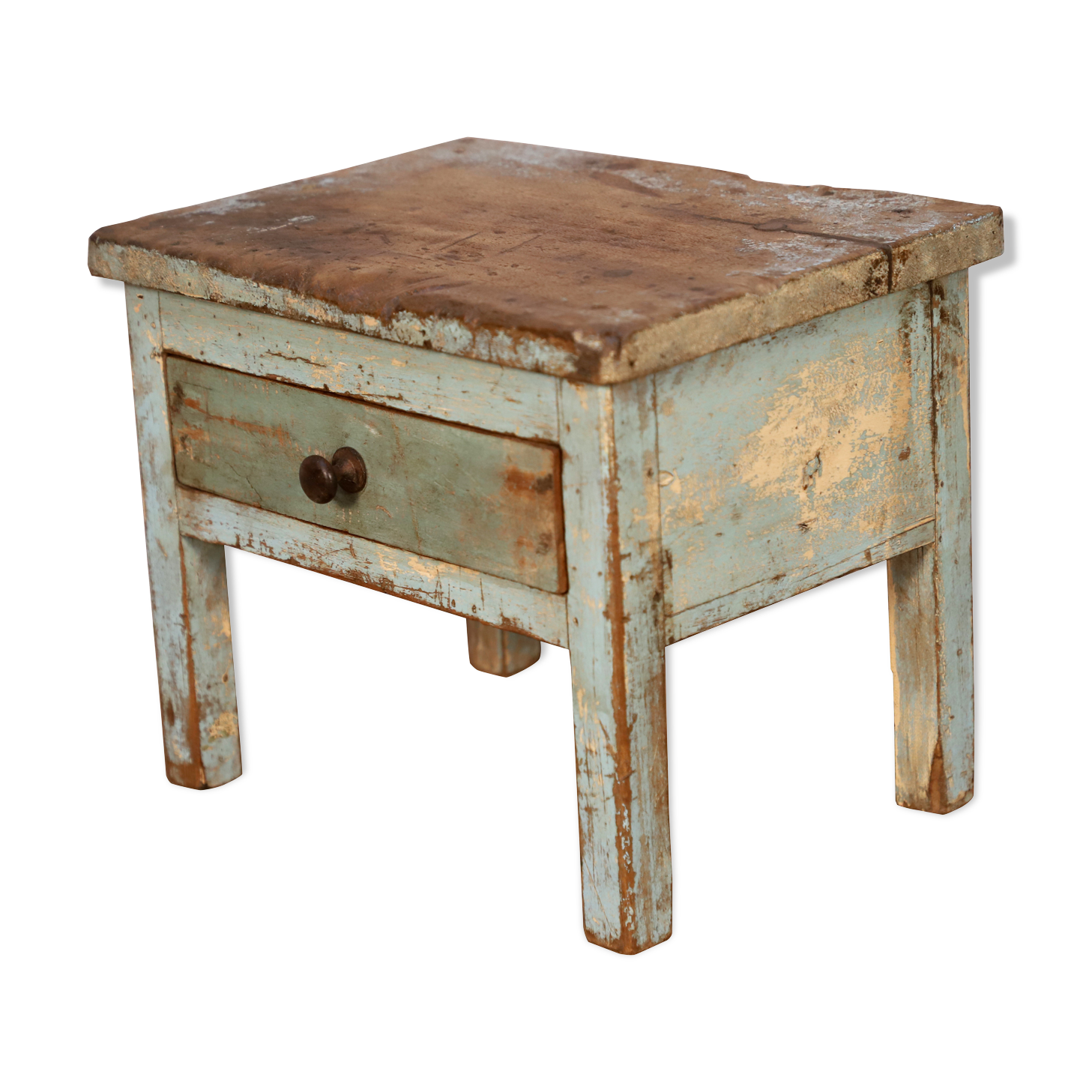 Burmese teak bedside table with original blue -green patina