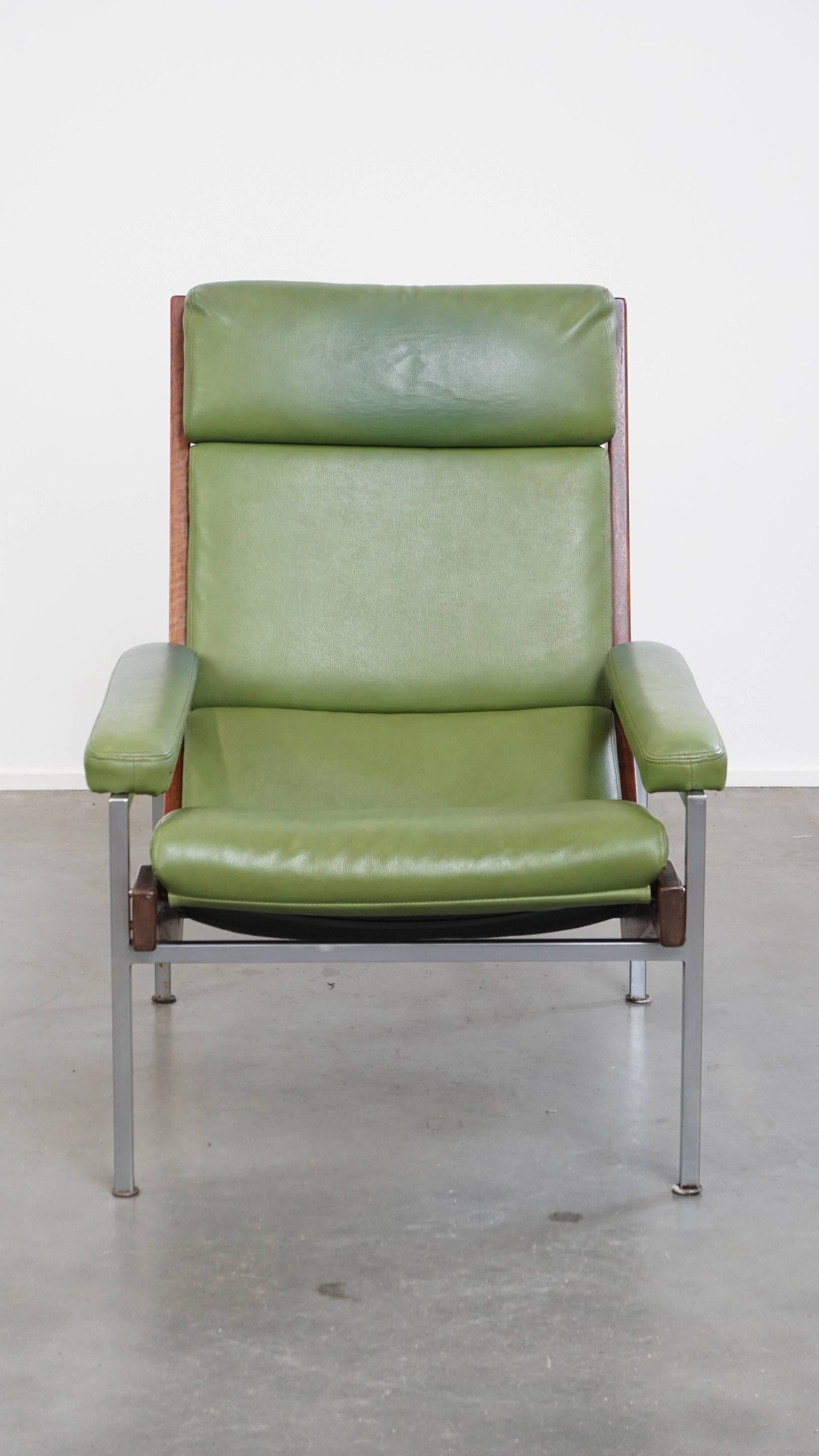 Green Cowhide Leather and Wooden Vintage Armchair