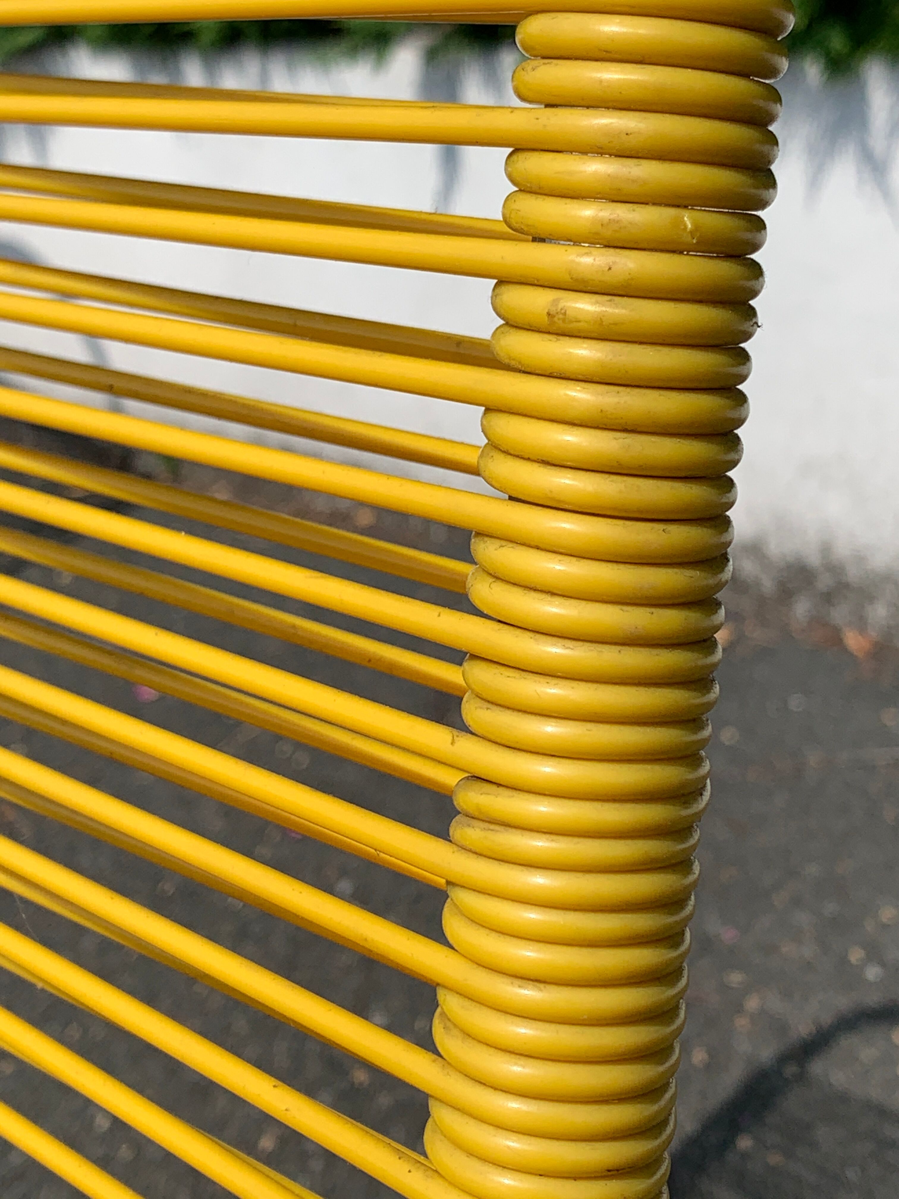 6 yellow and stackable armchairs, scoubidou by Dupré Perrin