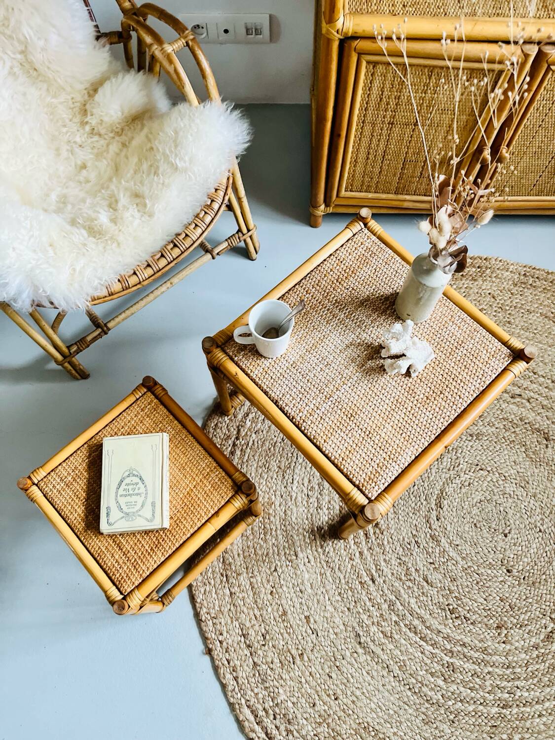 Tables gigognes bambou rotin osier - 1950/60