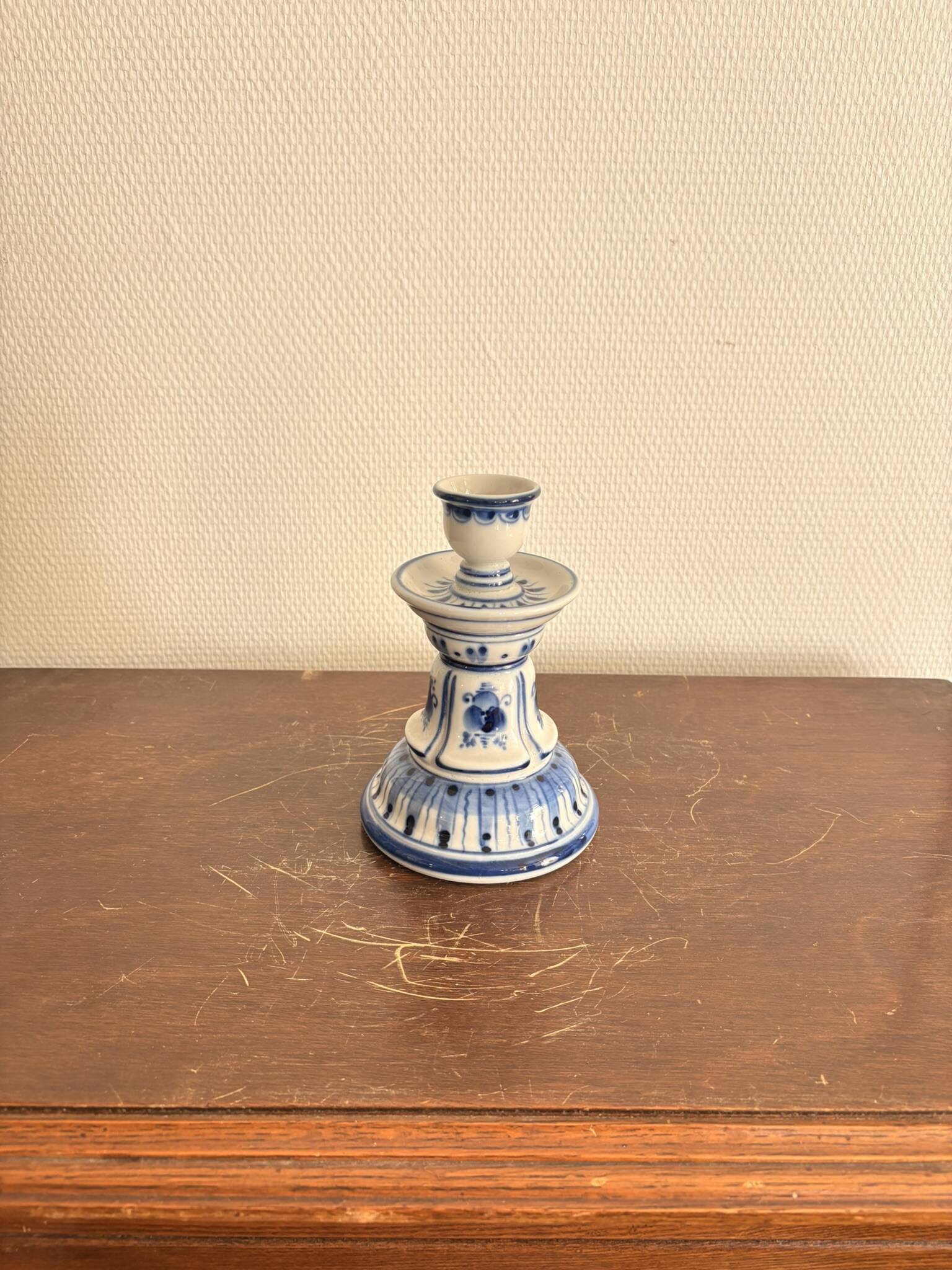 Vintage Russian Blue Ceramic Candle Holder Gjel Handmade