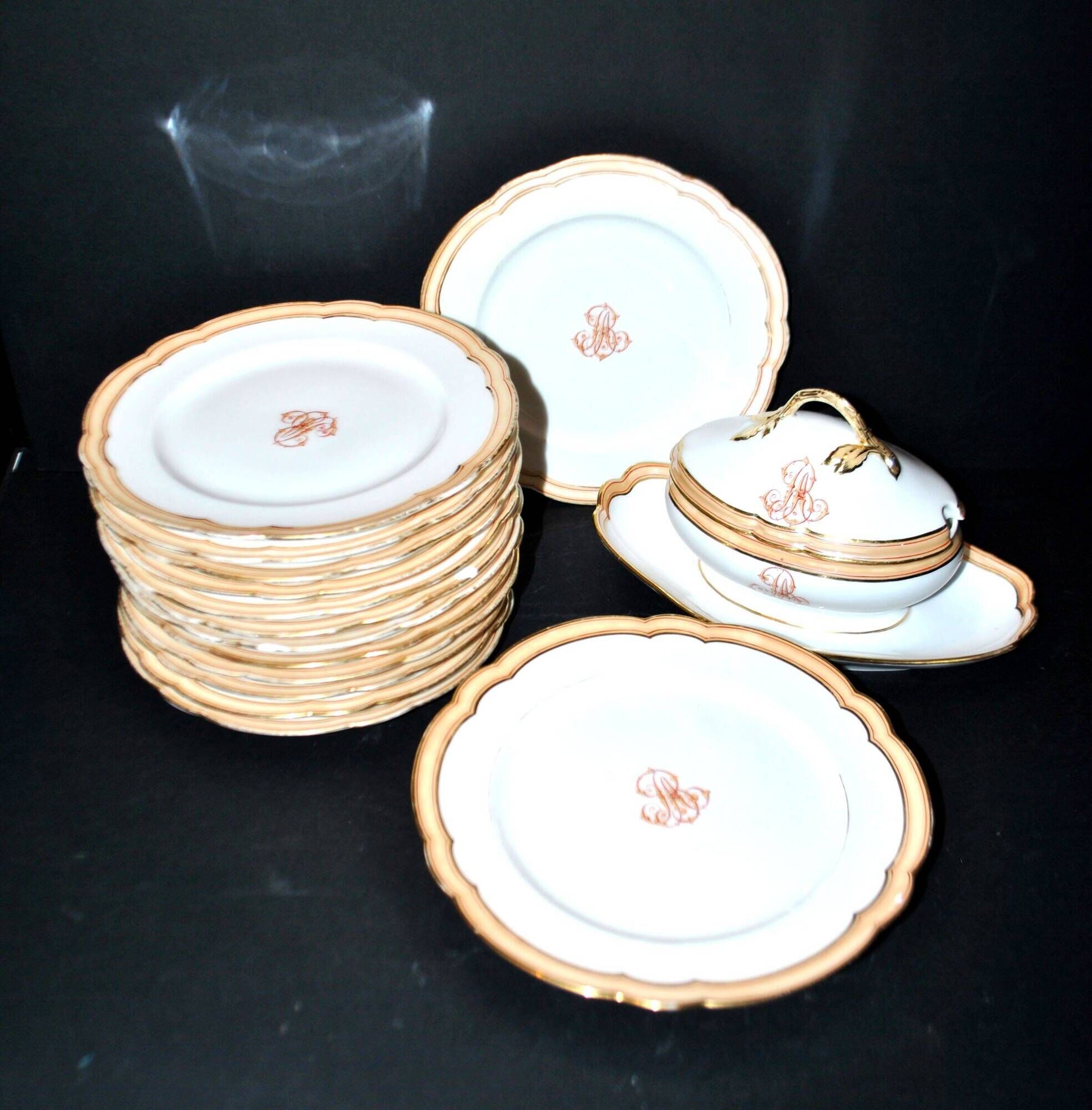 Paris porcelain set of 12 plates, dish and sauce boat, antique tableware with monogram BA.