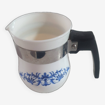 white ceramic milk jug with blue flowers, metal handle