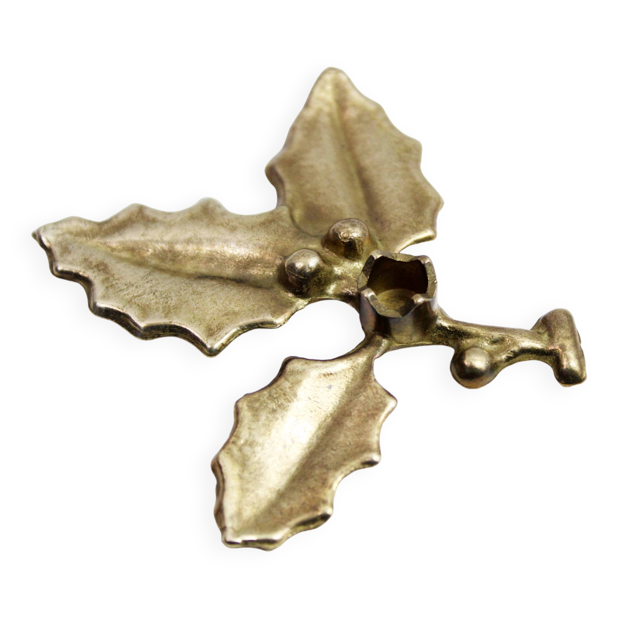 Vintage Holly Candle Holder, Brass