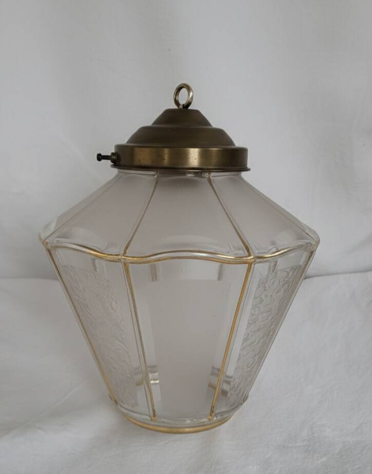Suspended lantern in moulded glass and brass – 50's vintage light fixture