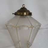 Suspended lantern in moulded glass and brass – 50's vintage light fixture