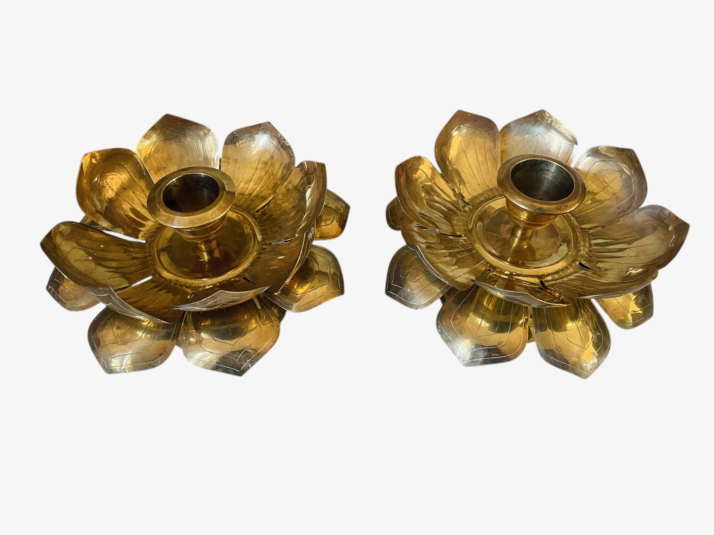 Lotus brass candlestick pair