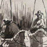 Table Ink wash " Fishermen at Lake Titicaca" Peter BALAZS (1919-2003) ?