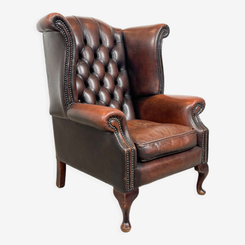 Vintage rustic dark brown leather chesterfield wingback armchair wassenaar