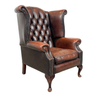 Vintage rustic dark brown leather chesterfield wingback armchair wassenaar