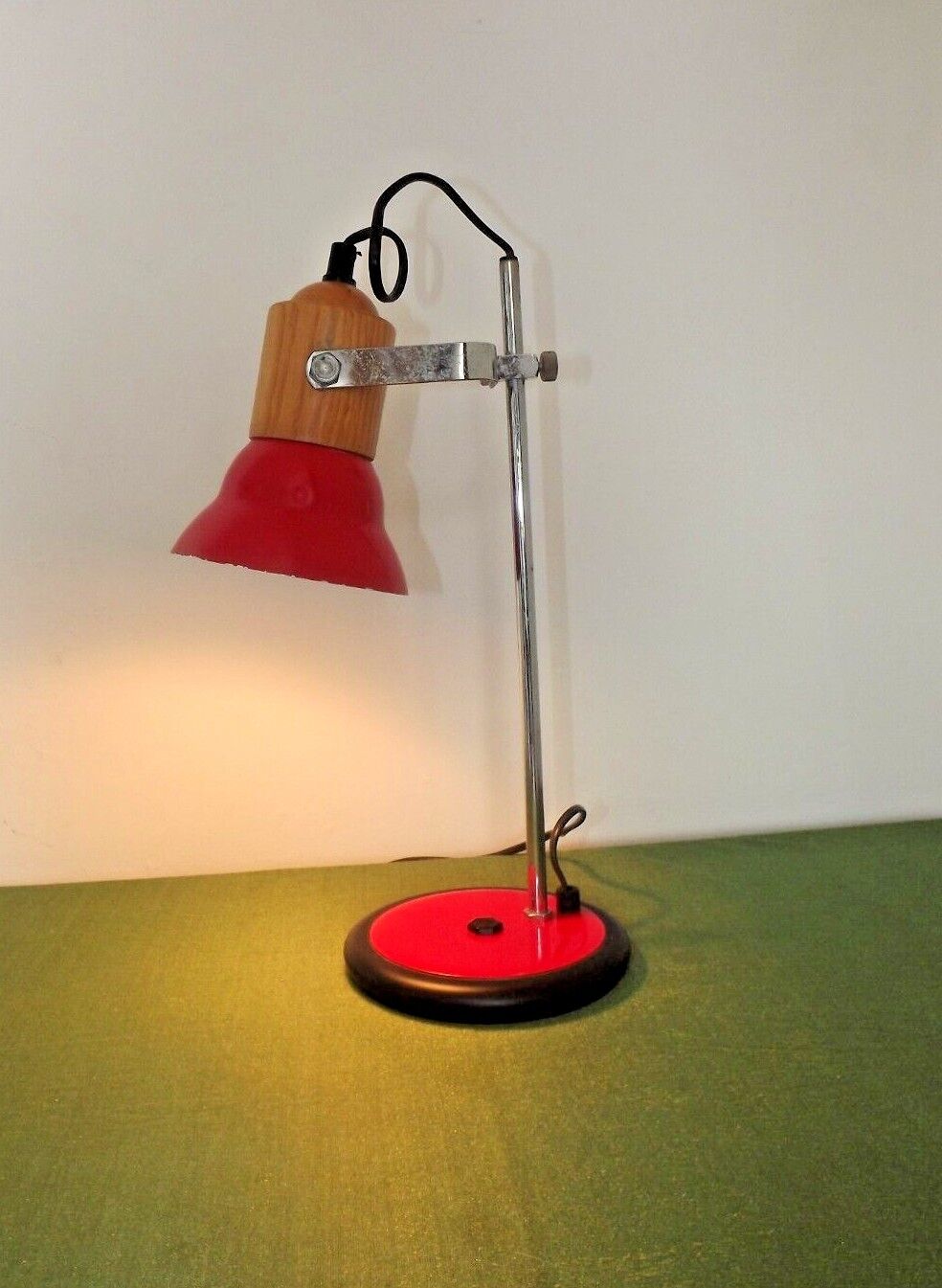 Adjustable vintage French desk lamp in red, black, silver & wood effect 3631
