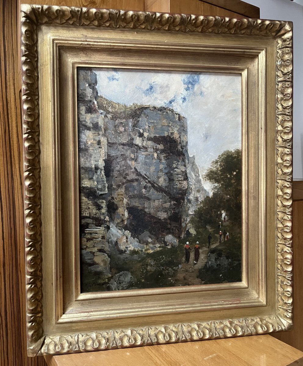 Charles Montlevault (1835-1897) Walkers along a cliff, Oil on canvas signed