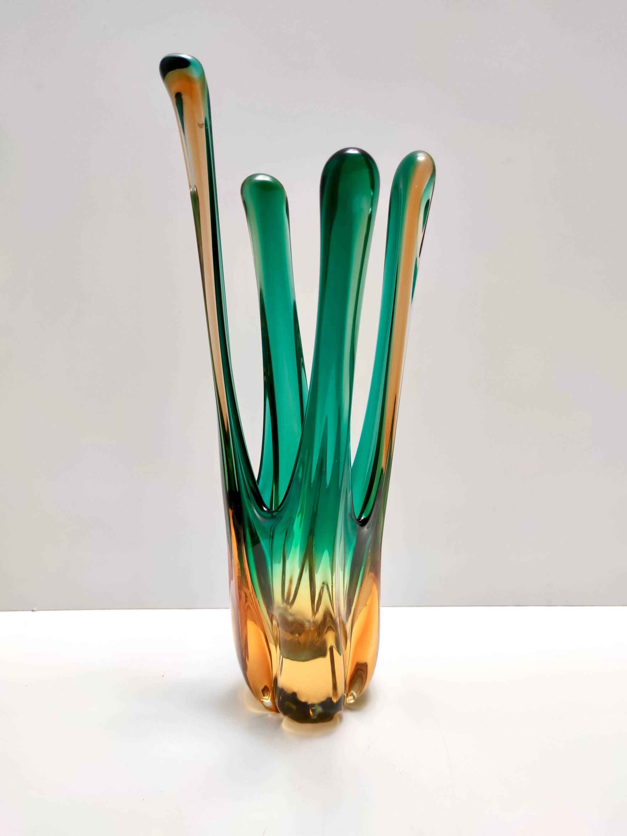 Green and Amber Murano Glass Centerpiece Vase, Italy