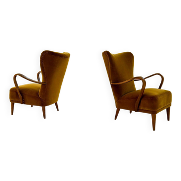 Fauteuils lounge Art déco moderne scandinave en velours Suède années 1940