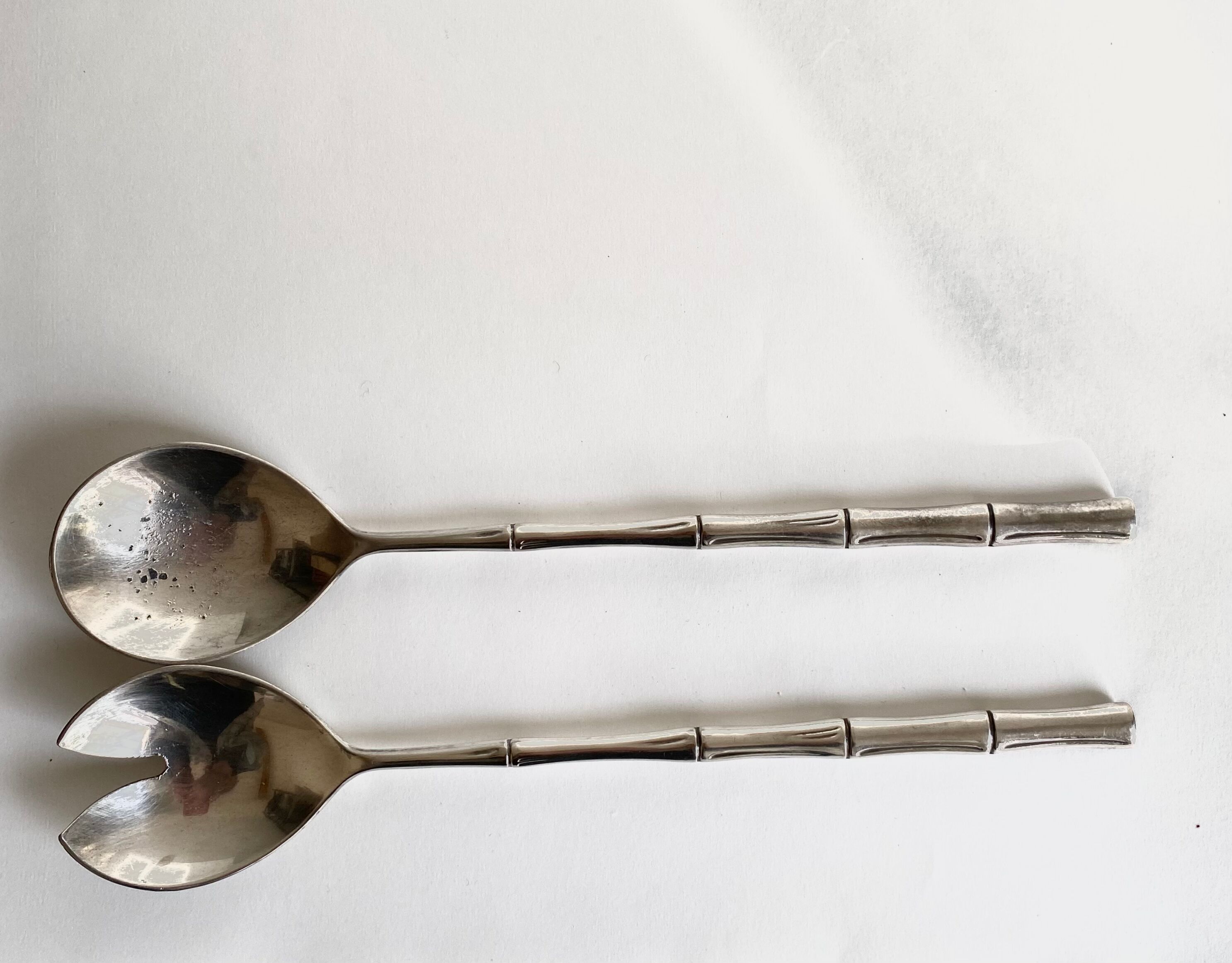 Silver metal service cutlery, bamboo model