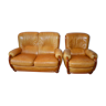 Two-seater sofa and armchair in cherry and havana leather