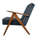 Chaise compas restaurée, tissu jaune canari, fil orange, teck, 1960