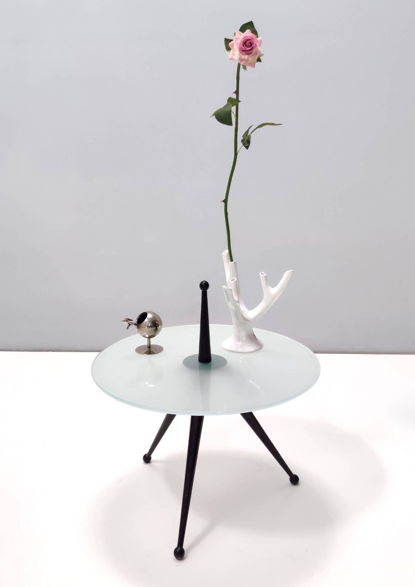 Tripod Beech and Glass Side Table in the Style of Cesare Lacca, Italy, 1980s