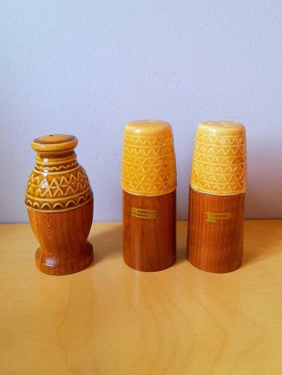 Condiment set, ceramic and wood, 1970