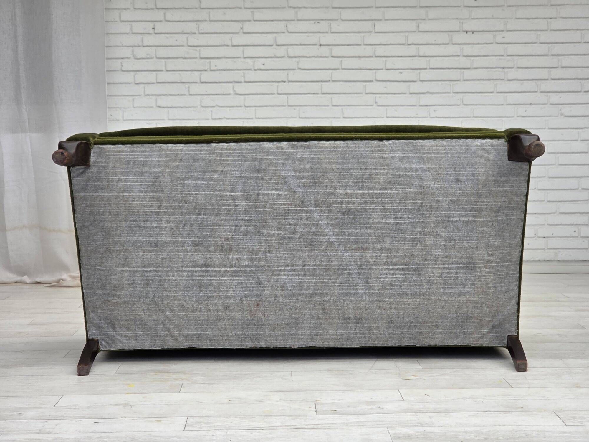 1950s, Danish 2-seater sofa, green furniture velour, ash wood legs.