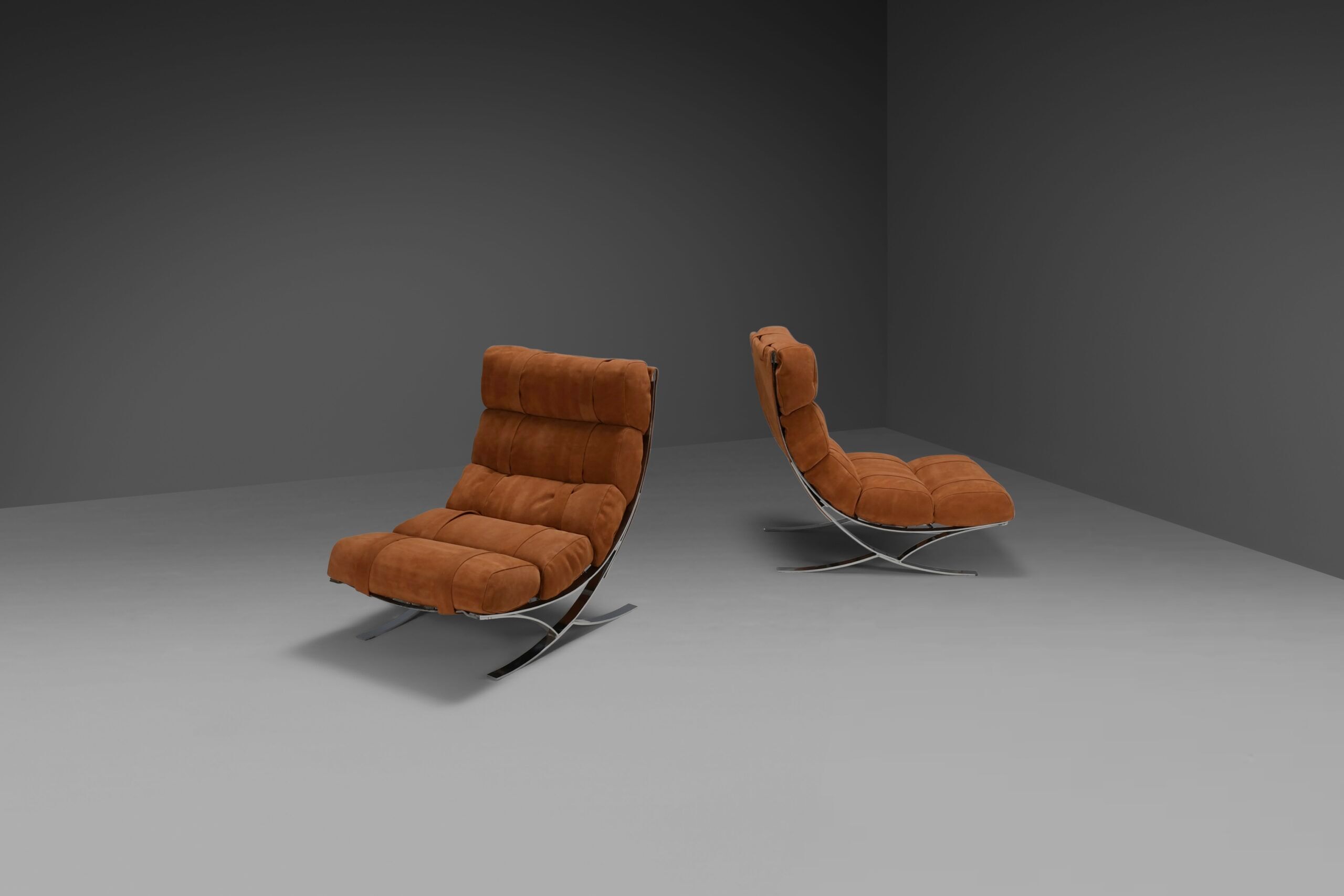 Impressive suede and chrome lounge chairs, France 1970s