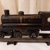 Small JEP mechanical train, including locomotive, tender, sleeping car, rail, 1930s