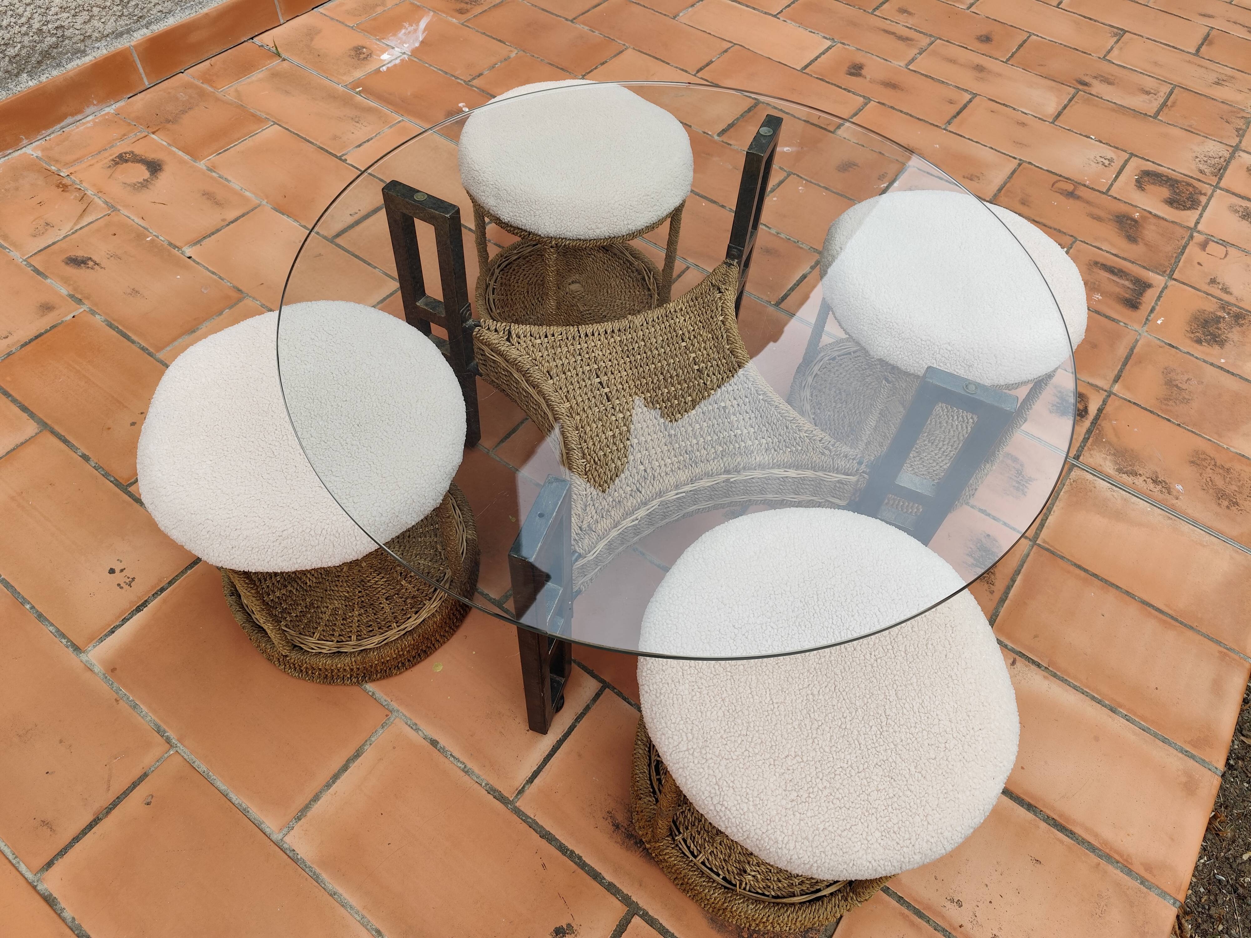 Vintage 1970s rope & rattan coffee table and 4 stools