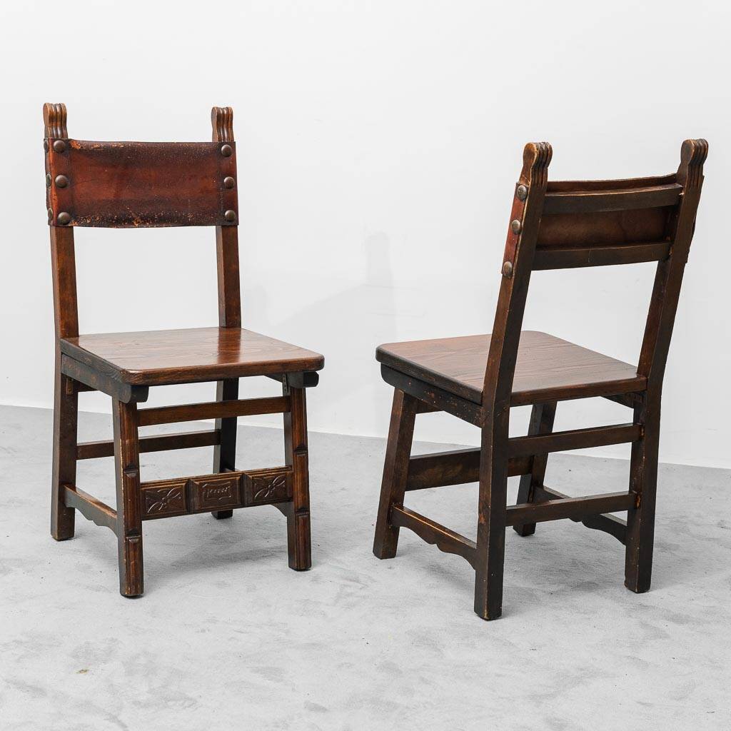 Set of 6 dining chairs in wood and brown leather, late 19th century