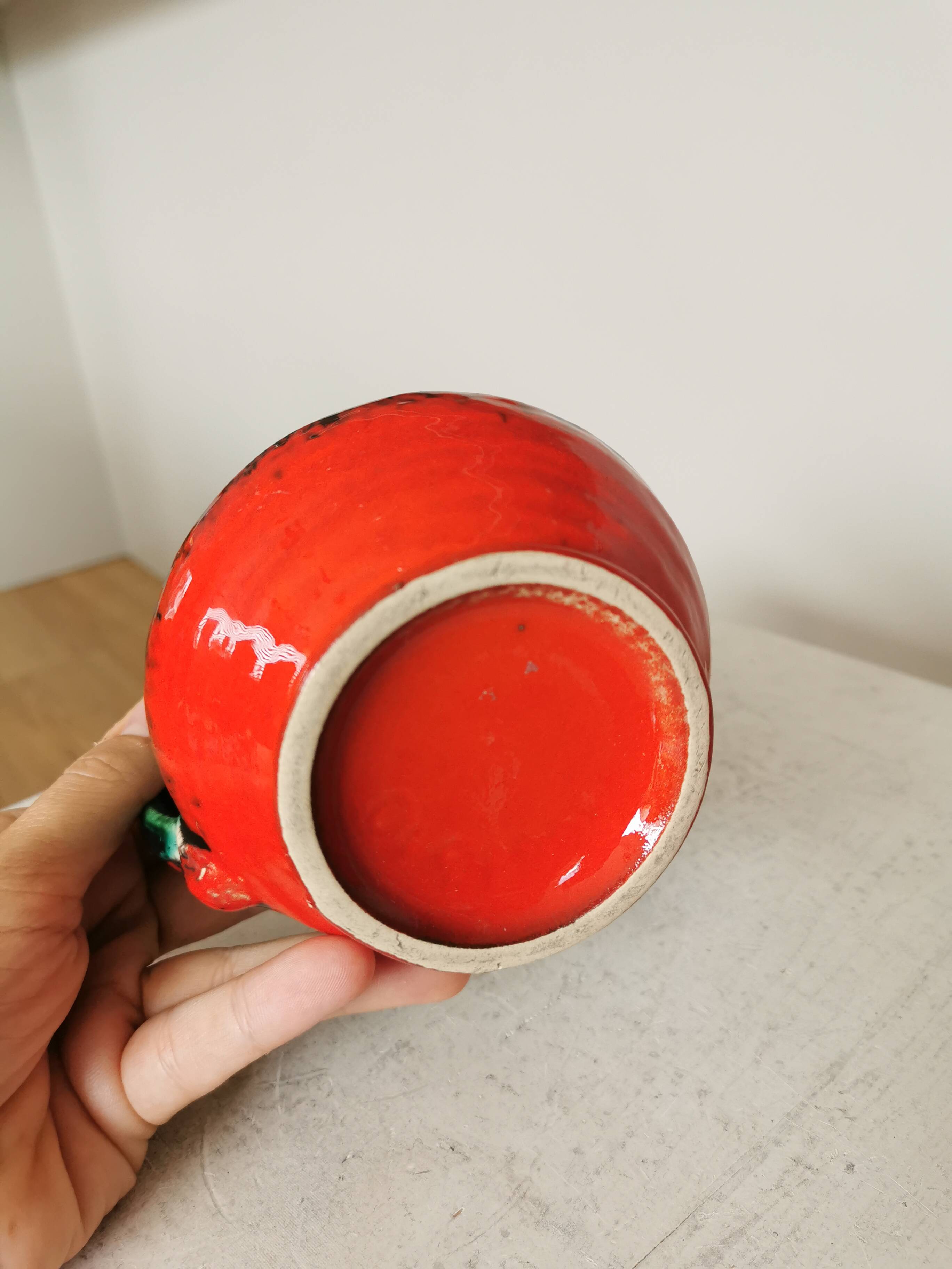 Fat Lava Pitcher Vase: Red Black Green Glaze, West German Pottery