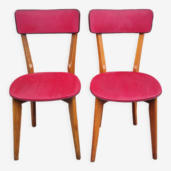 Paire chaises vintage années 50 bois massif et skaï rouge