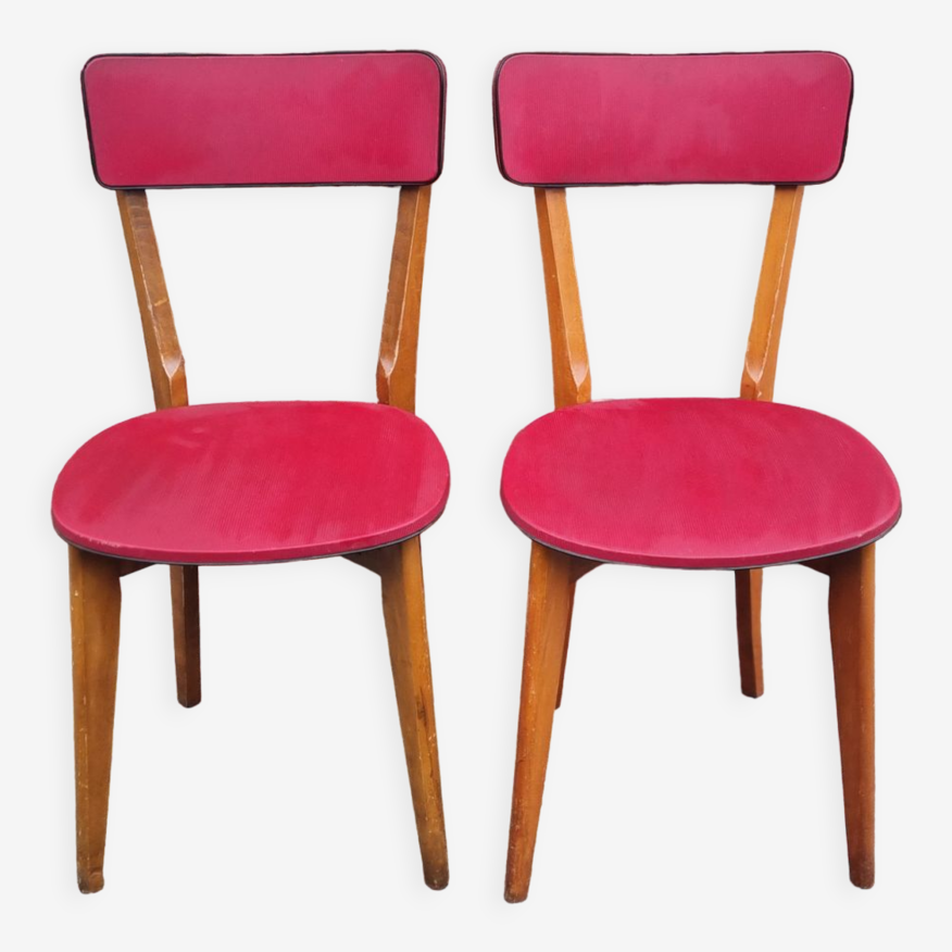 Paire chaises vintage années 50 bois massif et skaï rouge | Selency