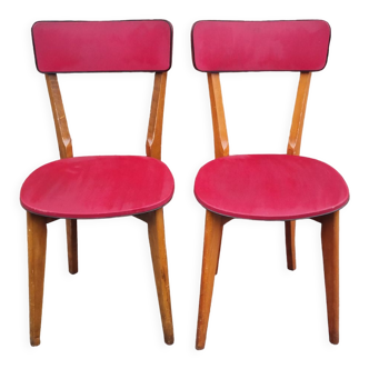 Paire chaises vintage années 50 bois massif et skaï rouge