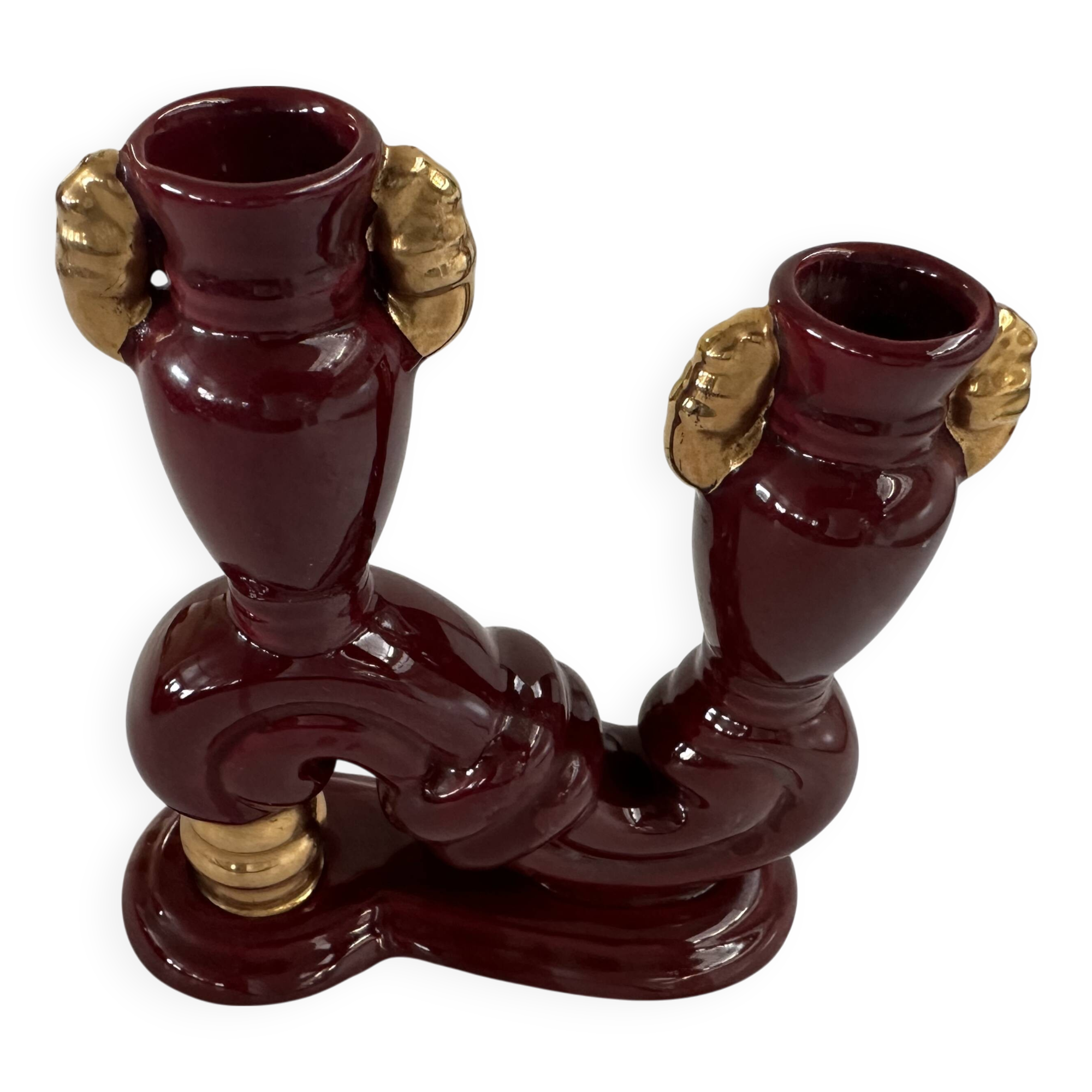 Bordeaux and Gold glazed earthenware candlestick attributed to Vallauris, 1950s