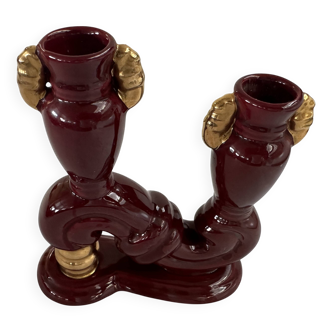 Bordeaux and Gold Glazed Earthenware Candle Holder Attributed to Vallauris, 1950s