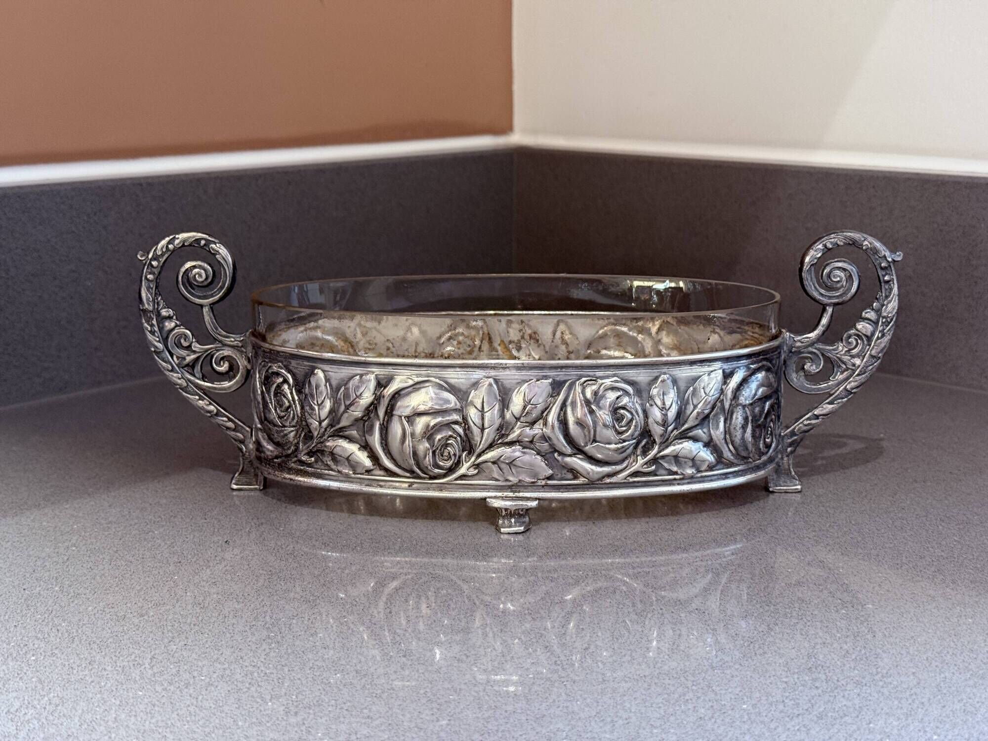 Antique Silver Cup Rose Silver & Crystal Jardiniere Decorative Bowl Cup